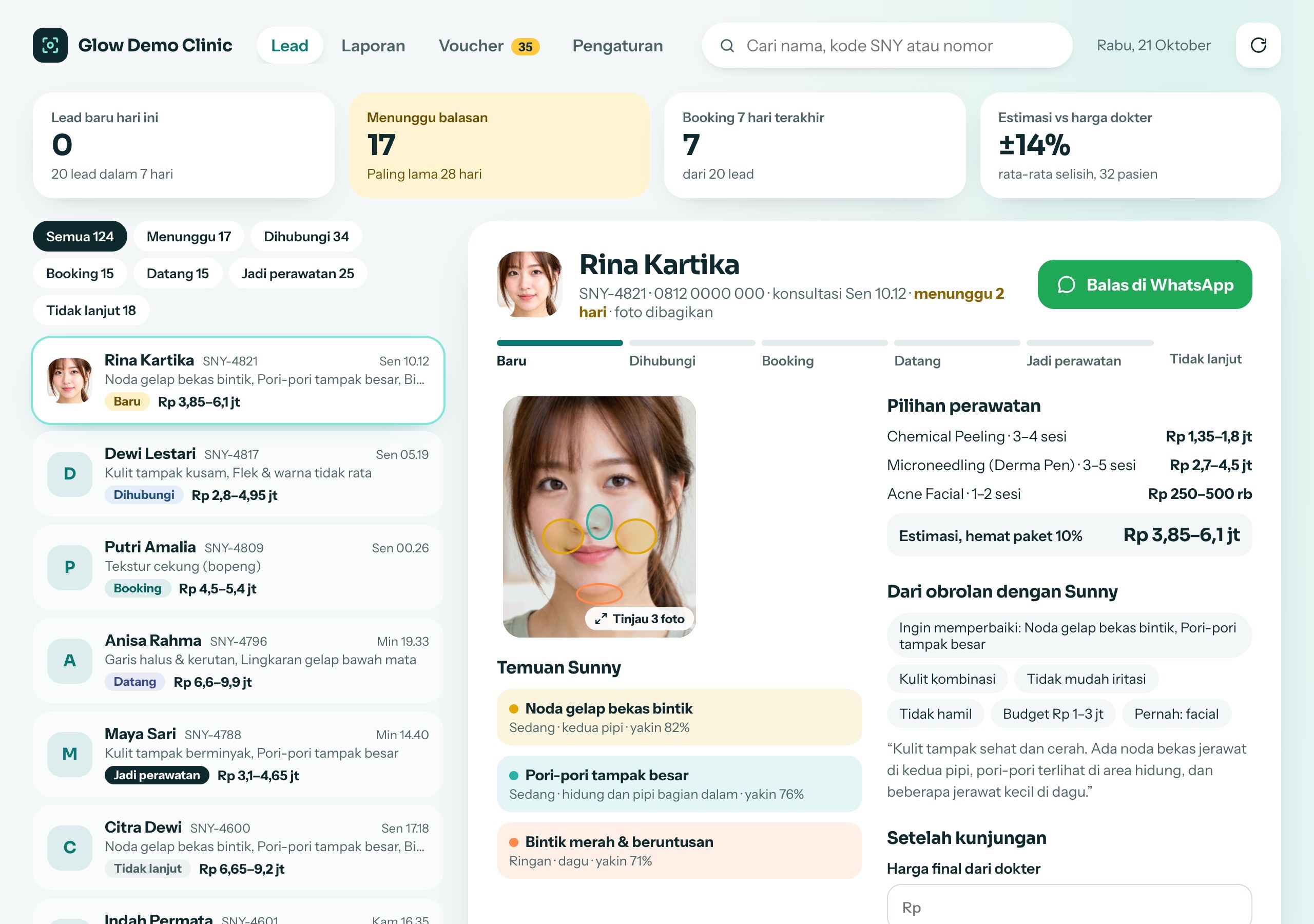 Dashboard lead: angka di atas, daftar lead, dan satu lead dengan foto, temuan dan estimasi
