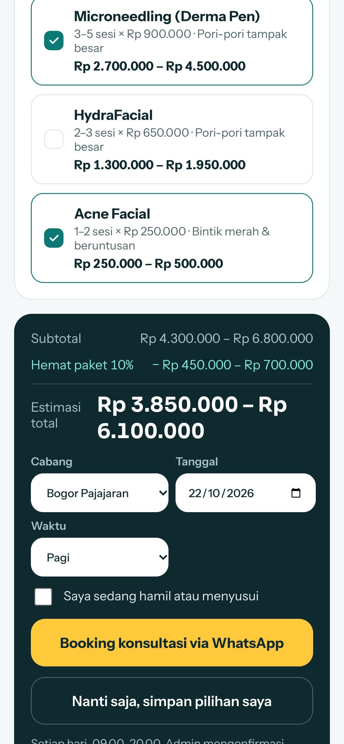 Rencana perawatan, estimasi dan booking
